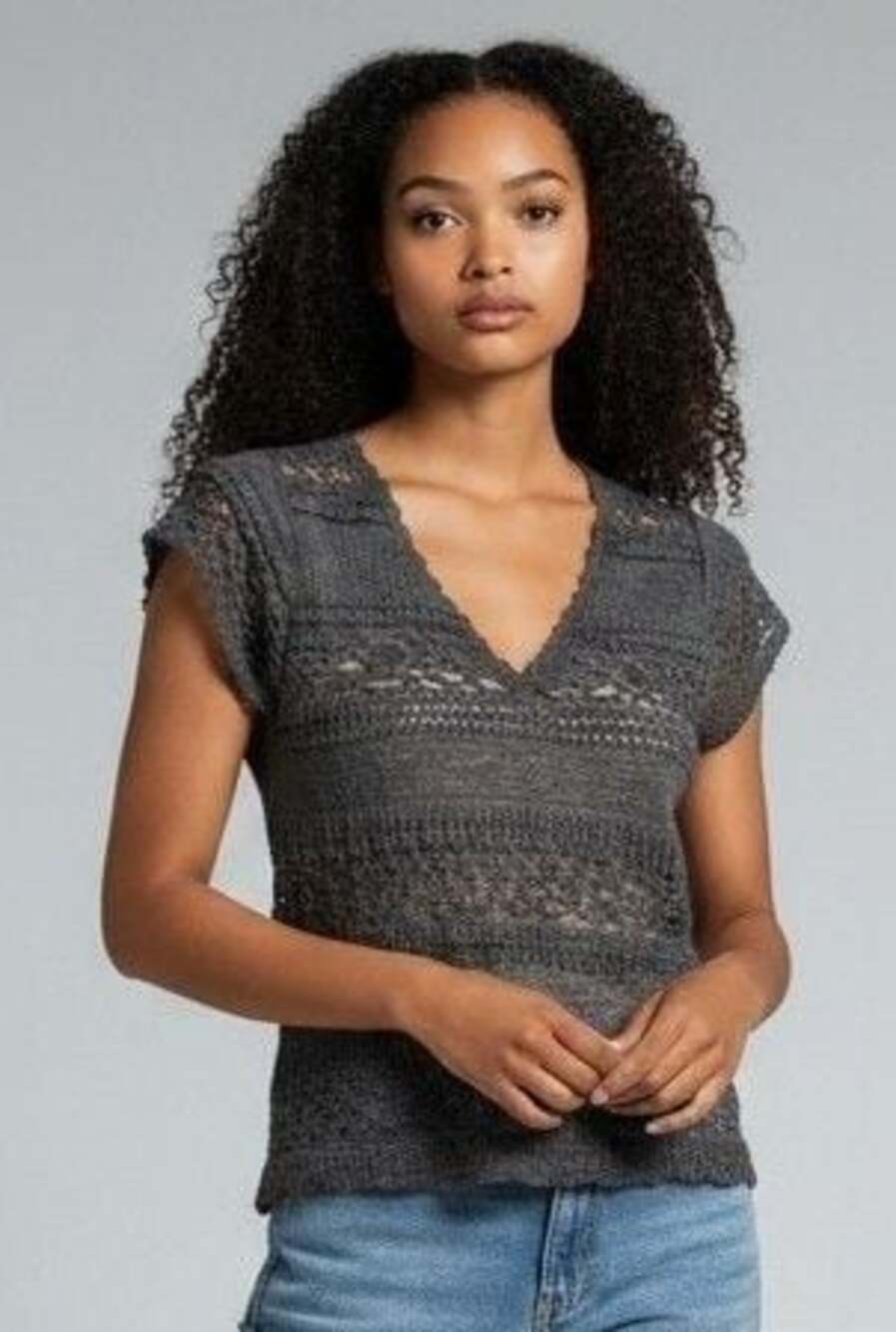 POL V-Neck Short Sleeve Lace Top UKT689 Charcoal Gray